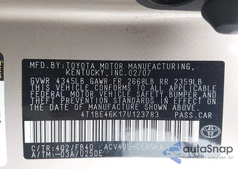 2007 Toyota Camry Le z USA, uszkodzony, nr VIN 4T1BE46K17U123783